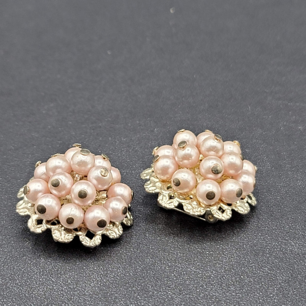 Vintage Brooch Faux Pink Pearl Gold Tone Large Cluster Bead Lot of 2
