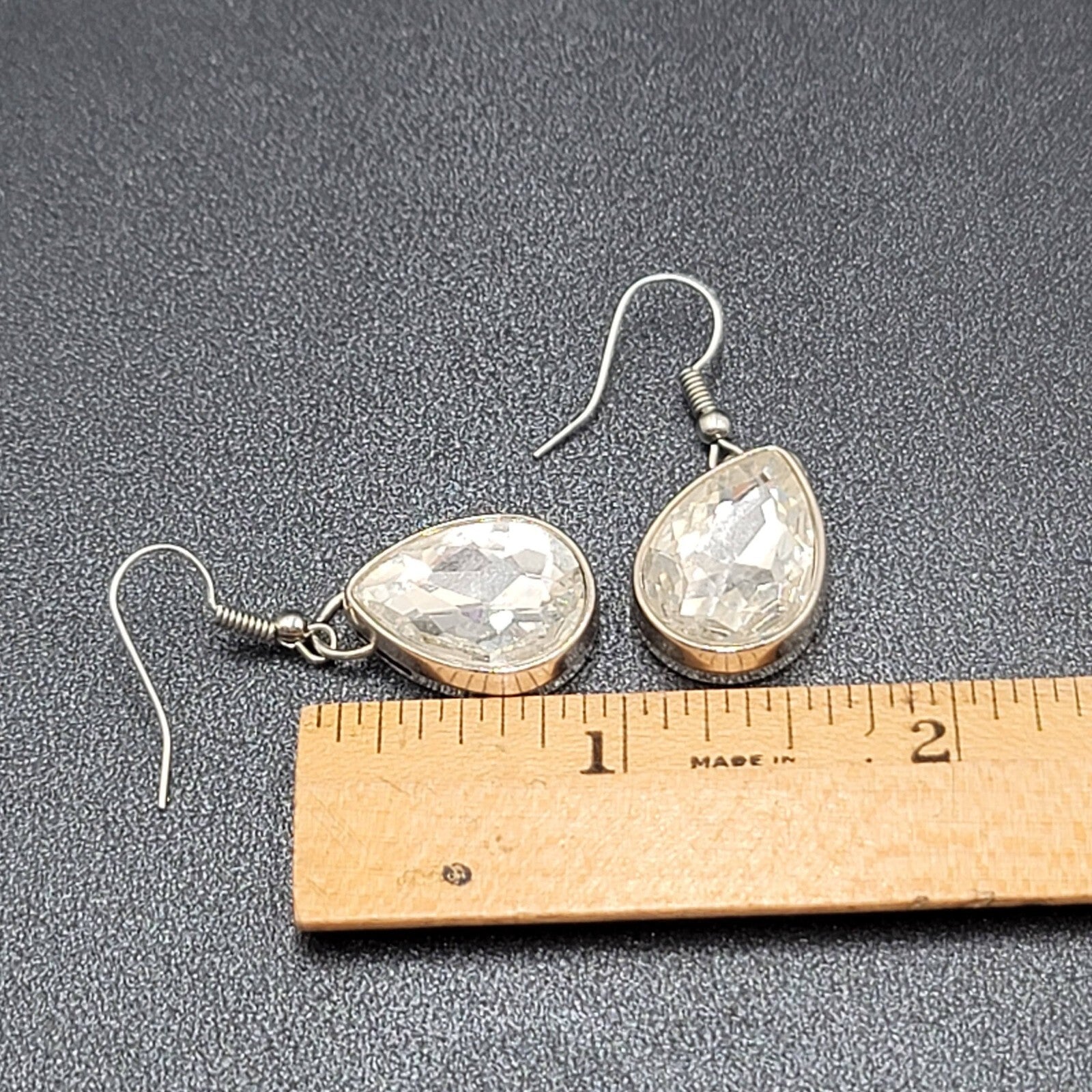 Pierced Earrings Silver tone Teardrop Faceted Glass Dangle 3/4"