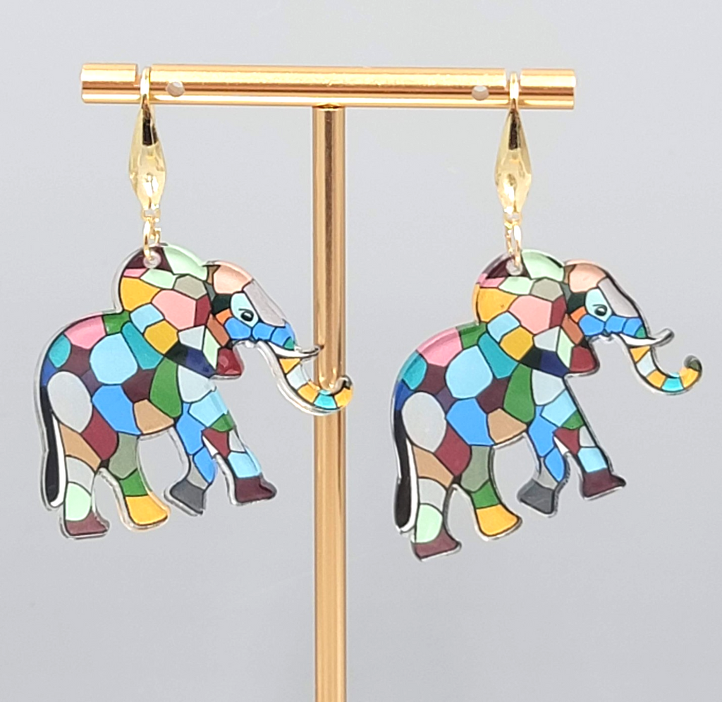 Multicolor Mosiac Elephant Pierced Earrings Acrylic Dangle Gold tone Hook 1 3/8"