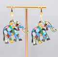 Multicolor Mosiac Elephant Pierced Earrings Acrylic Dangle Gold tone Hook 1 3/8"