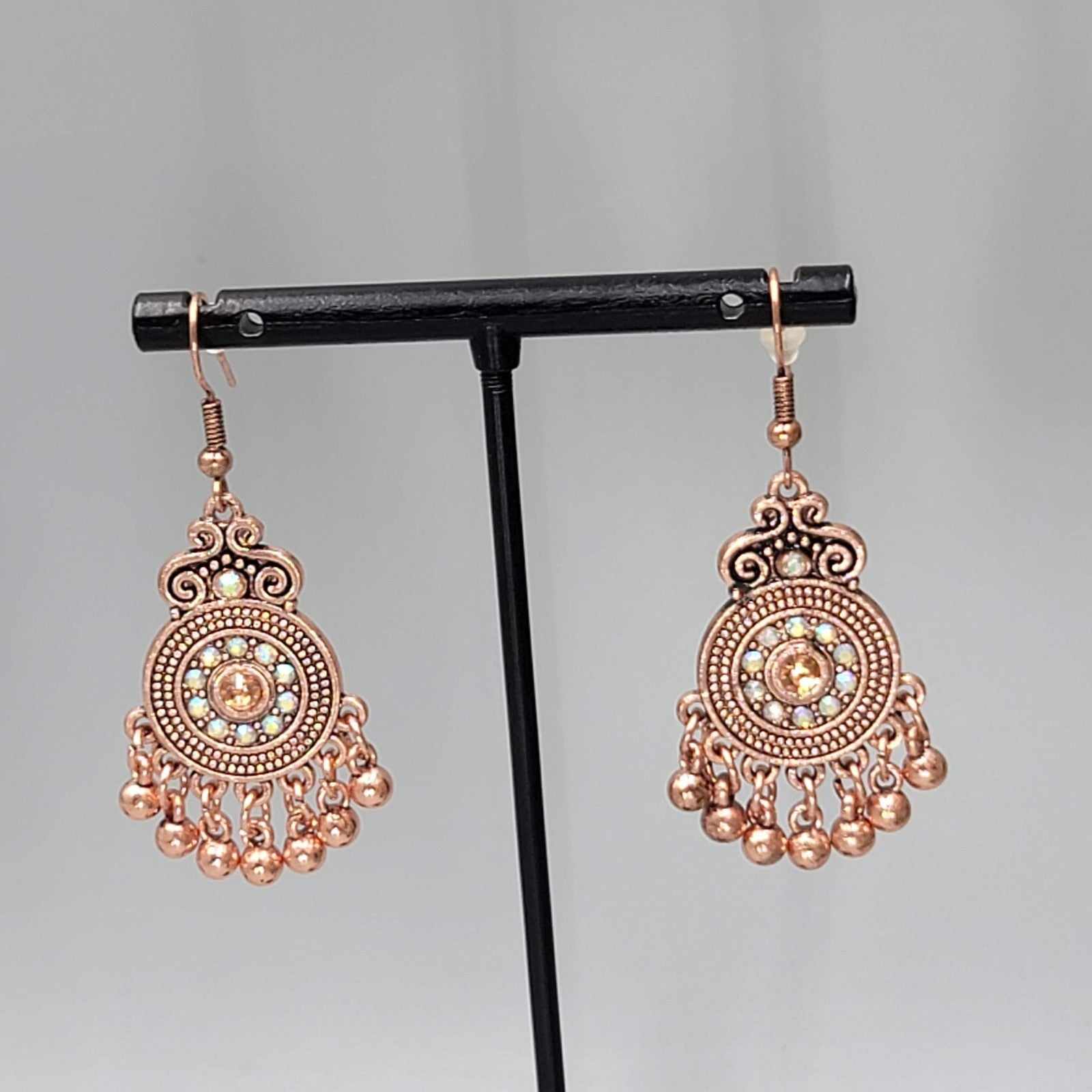 Copper tone Chandelier Pierced Earrings AB Rhinestone Dangle 1.25"