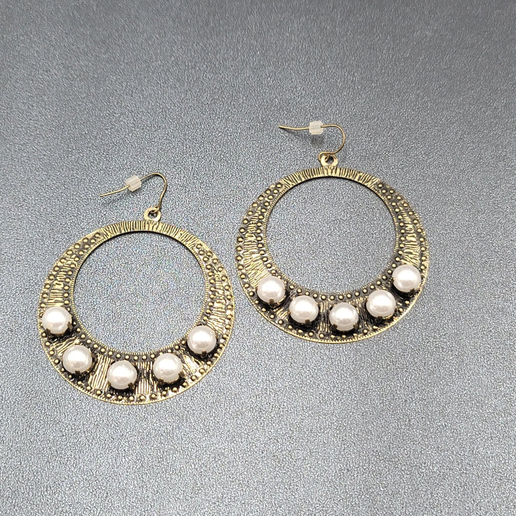 Pierced Earrings Bronze tone Large Hoops Faux Pearl Accents Statement Drop 2.25"