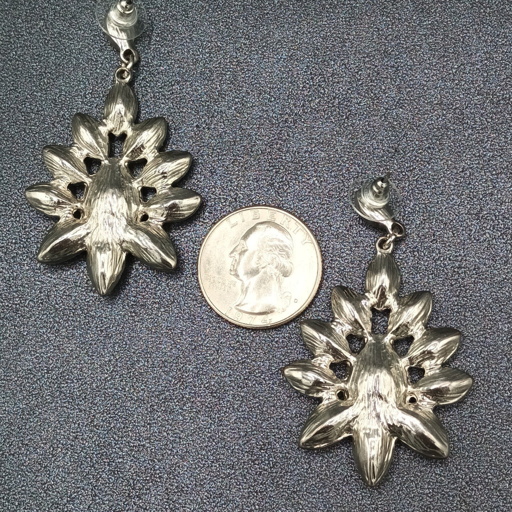 Pierced Earrings Silver tone Red Accent Chandelier Dangle 2.25"