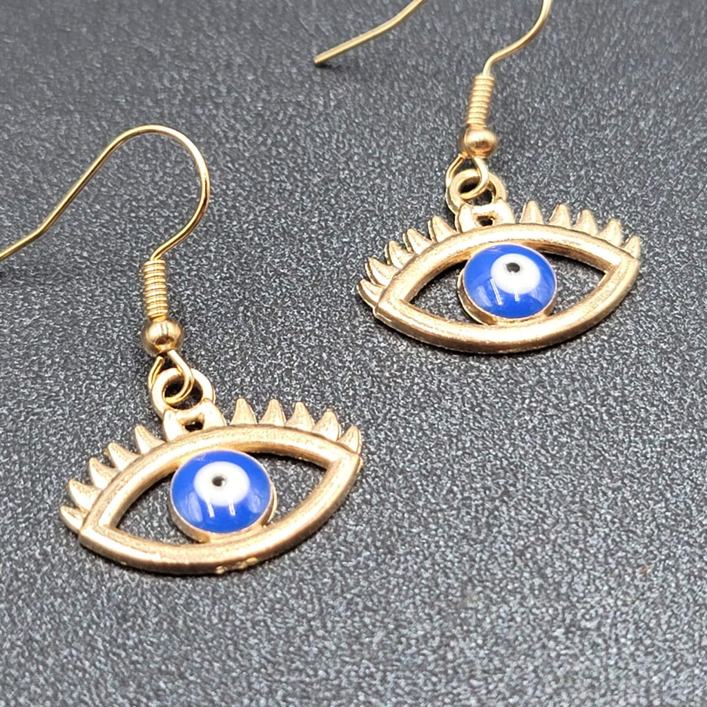 New Evil Eye Pierced Earrings Gold tone Enamel Dangle 3/4"