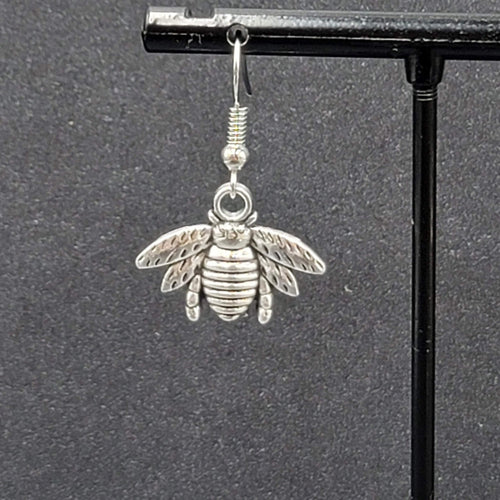 Bee Pierced Earrings Silver tone Dangle Embossed 5/8"
