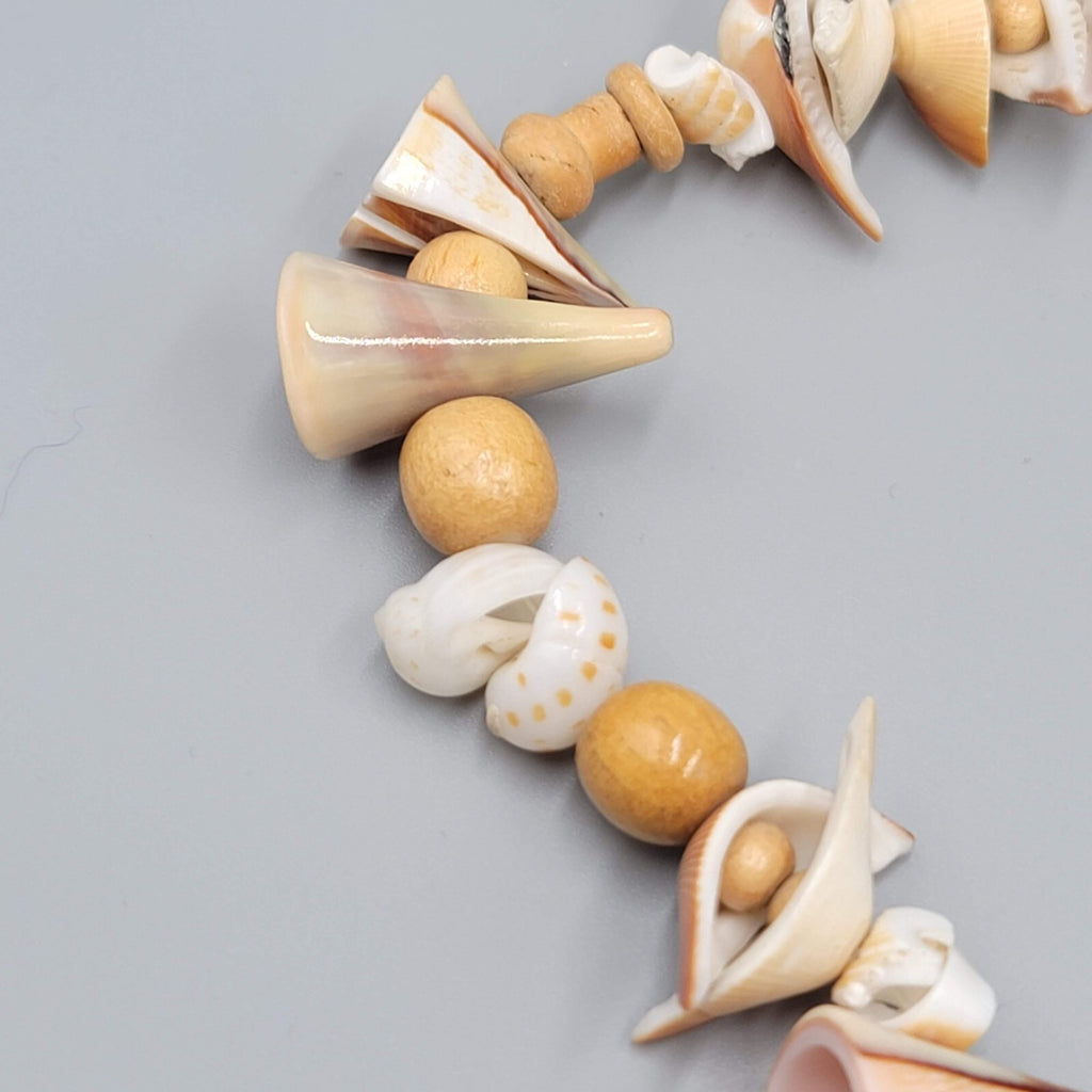 Vintage Necklace Wood Bead Shell Pieces LONG Unique Beach Summer 40"