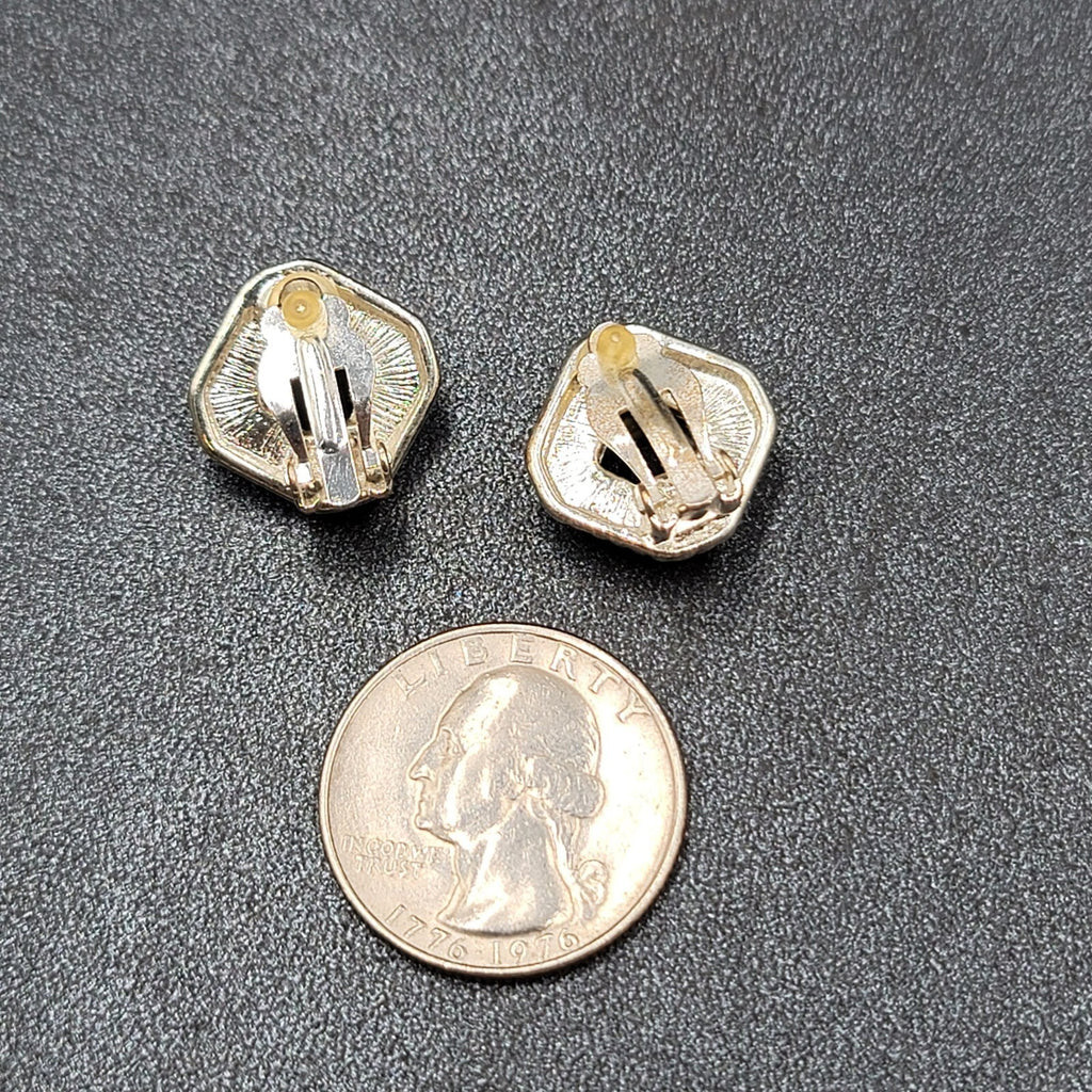 Clip on Earrings Silver tone Black Faceted Square Studs 5/8"