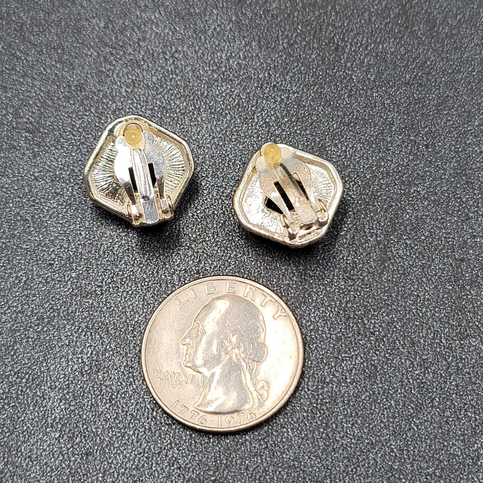 Clip on Earrings Silver tone Black Faceted Square Studs 5/8"