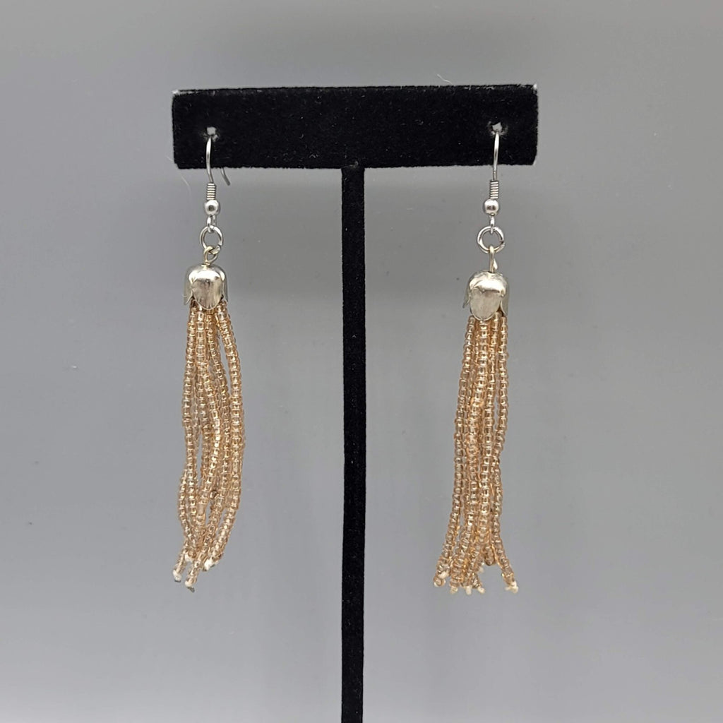 Tassel Pierced Earrings Silver tone Clear Tan Seed Bead Dangle 2.75"