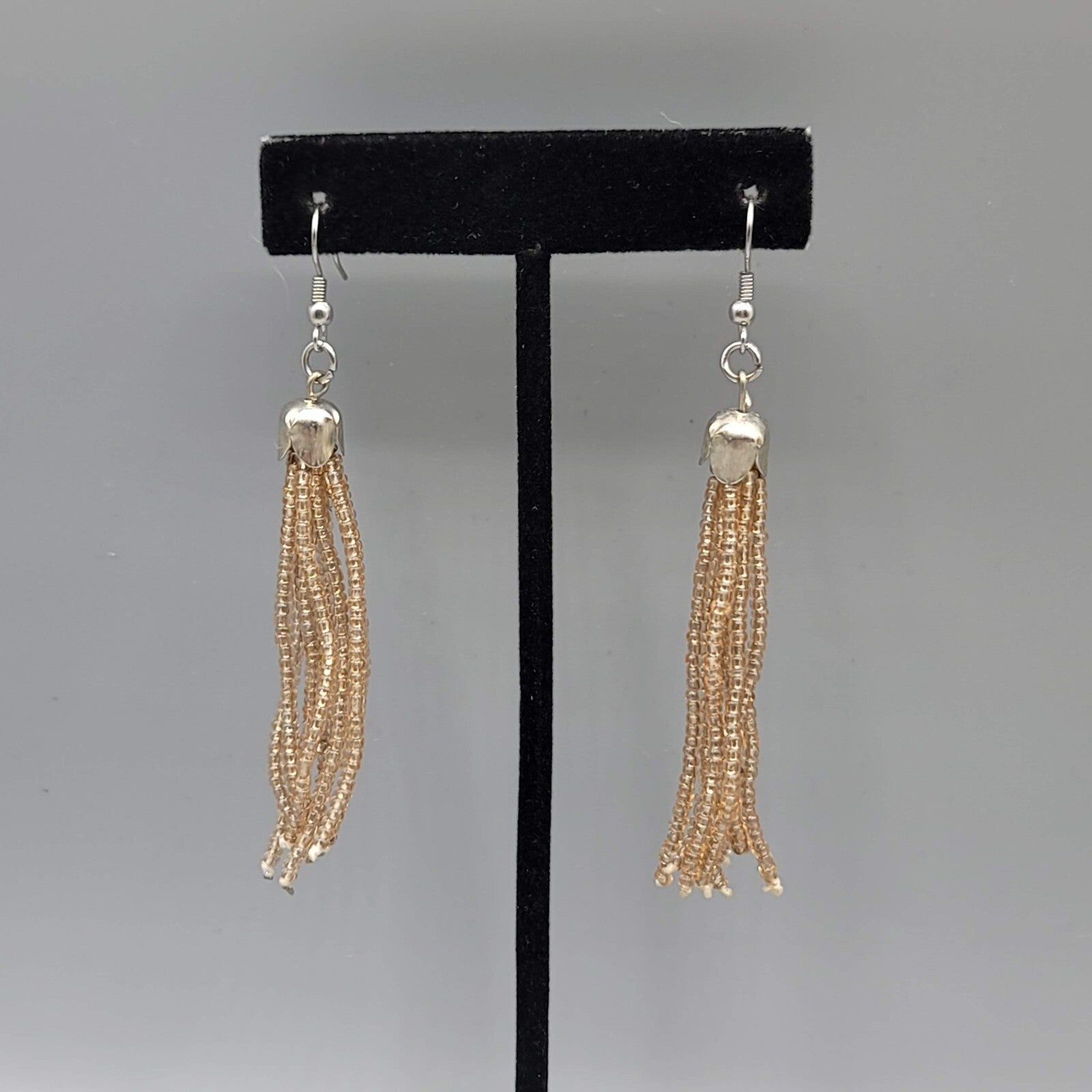 Tassel Pierced Earrings Silver tone Clear Tan Seed Bead Dangle 2.75"