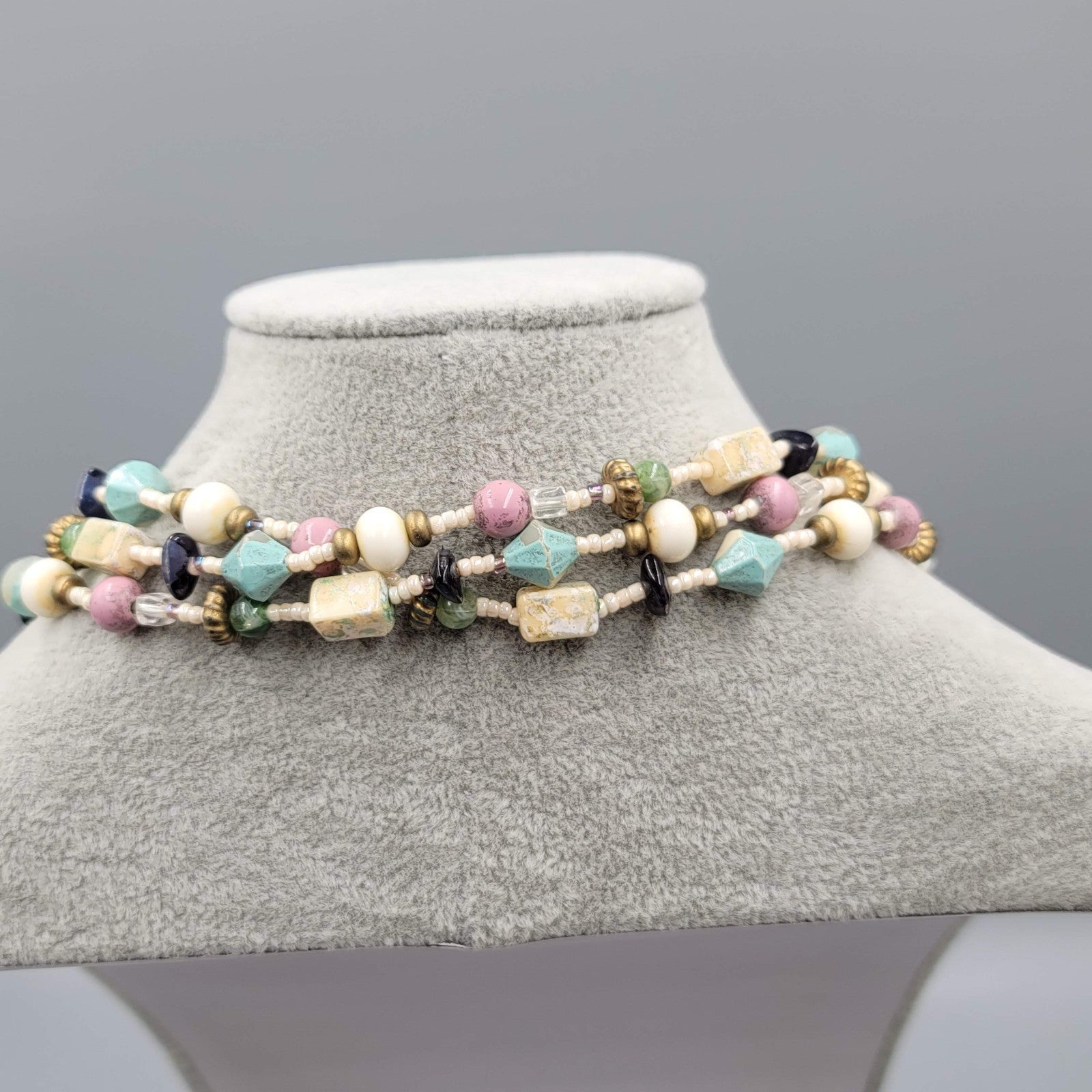Vintage Long Beaded Necklace Multicolor Pastel Colors 56 in