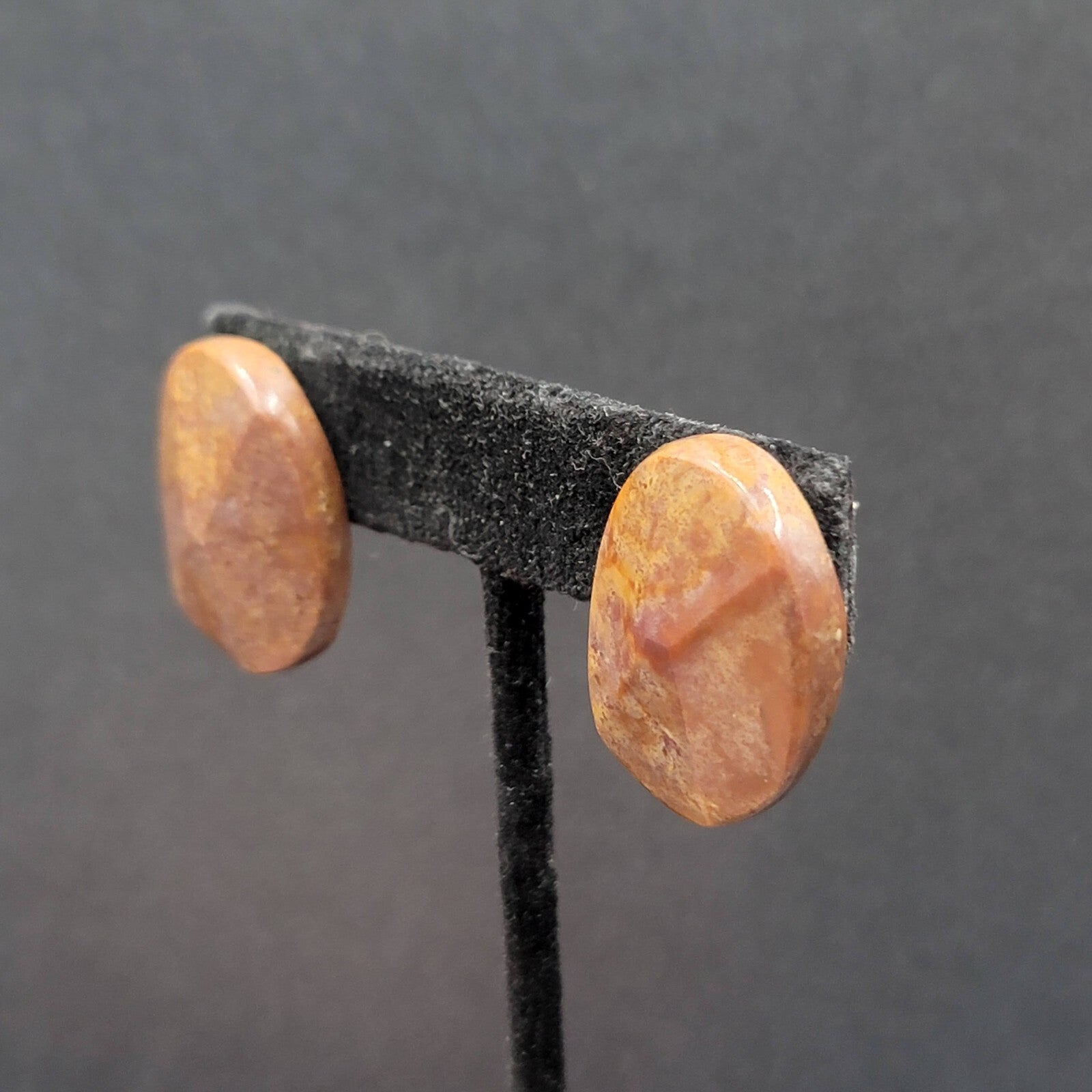 Vintage Pierced Earrings Brown Stone Oval Drop 1"