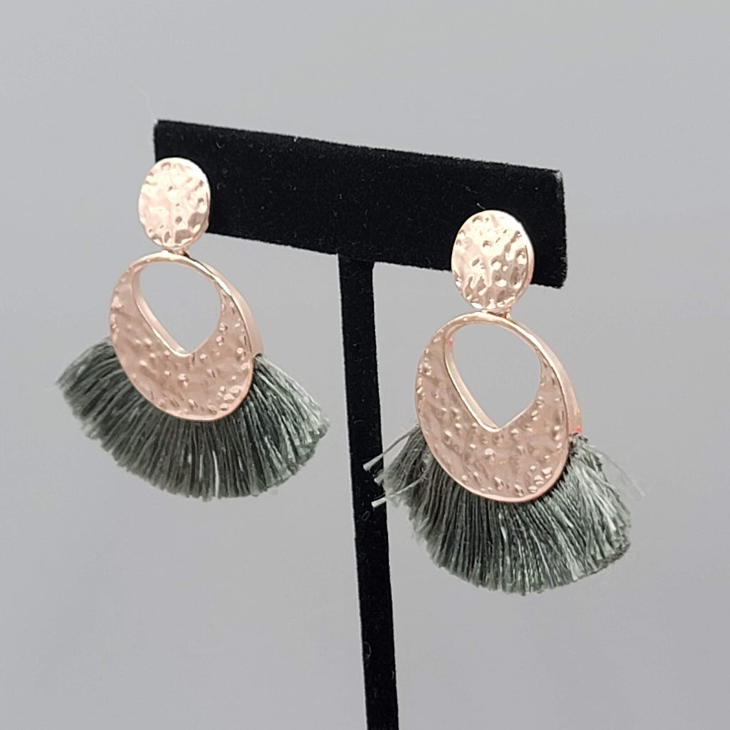 Green Tassel Pierced Earrings Rose Gold tone Dangle 1.75"