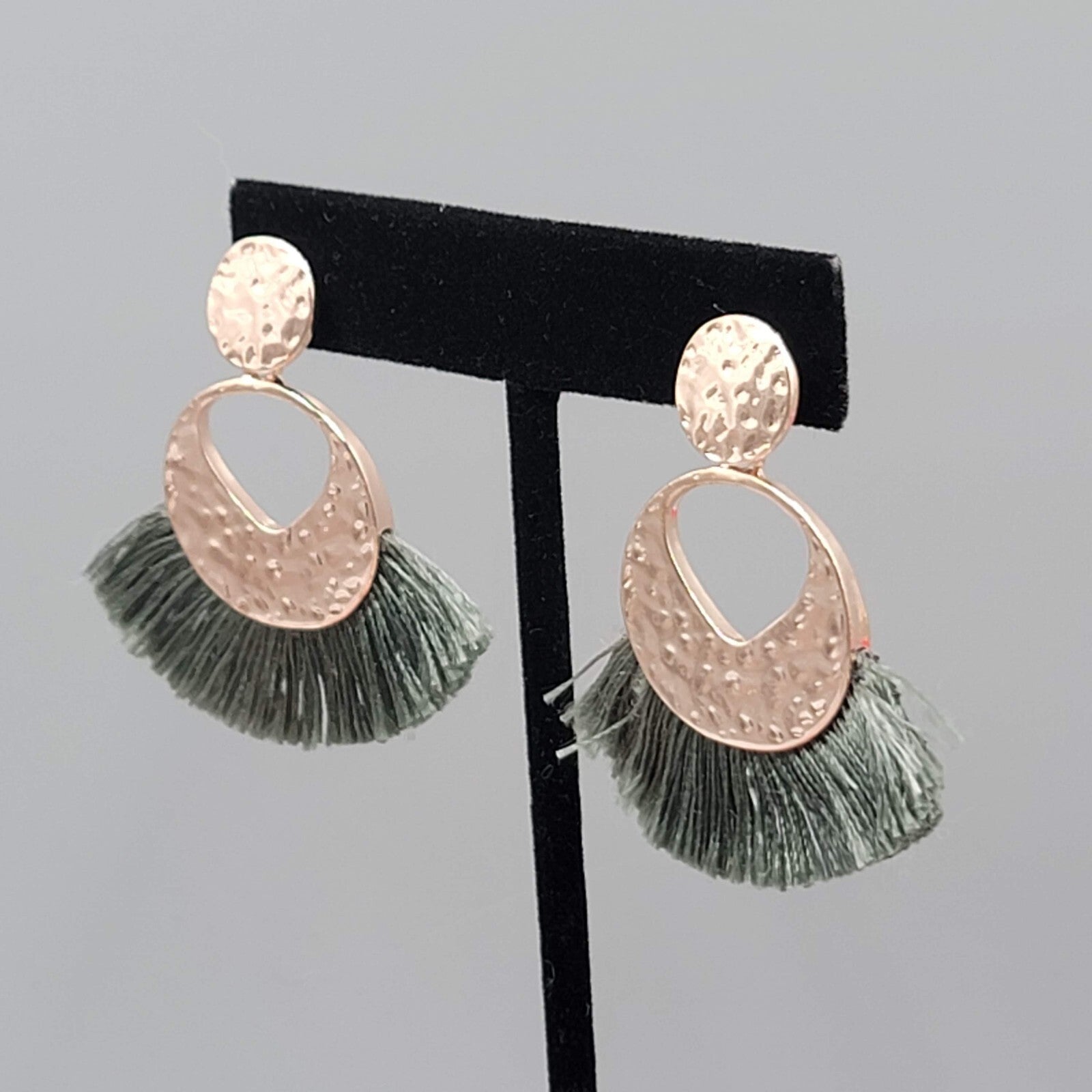 Green Tassel Pierced Earrings Rose Gold tone Dangle 1.75"