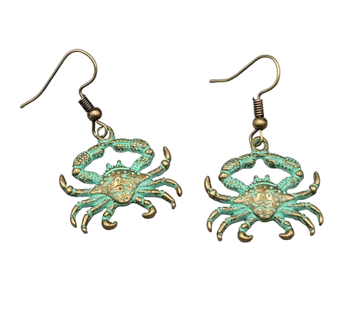 Crab Beach Sea life Pierced Earrings Bronze tone Green wash Dangle 7/8"