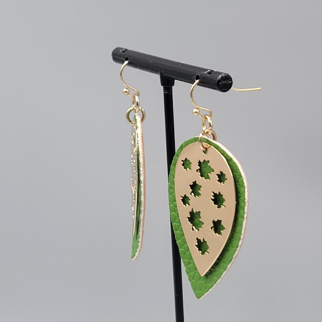 Gold tone Green Pierced Earrings Layered Metal over Faux Leather Dangle 2"
