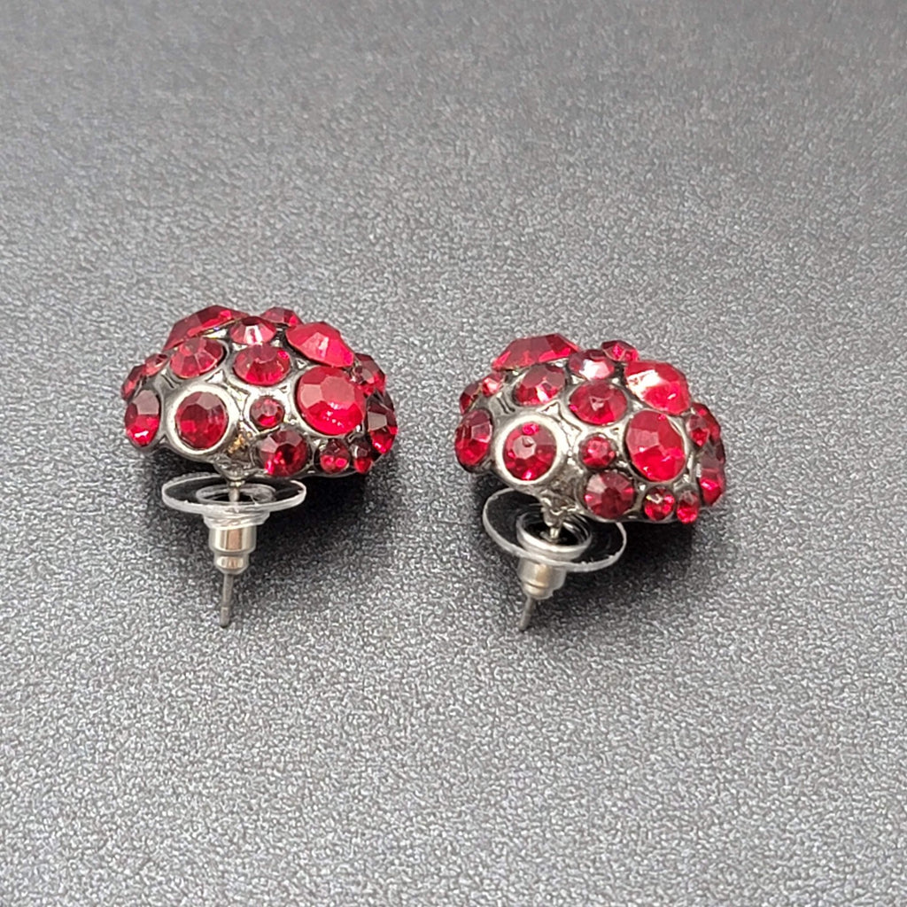 Pierced Earrings Dark Gray Metal Red Rhinestone Dome Drop Studs 3/4"