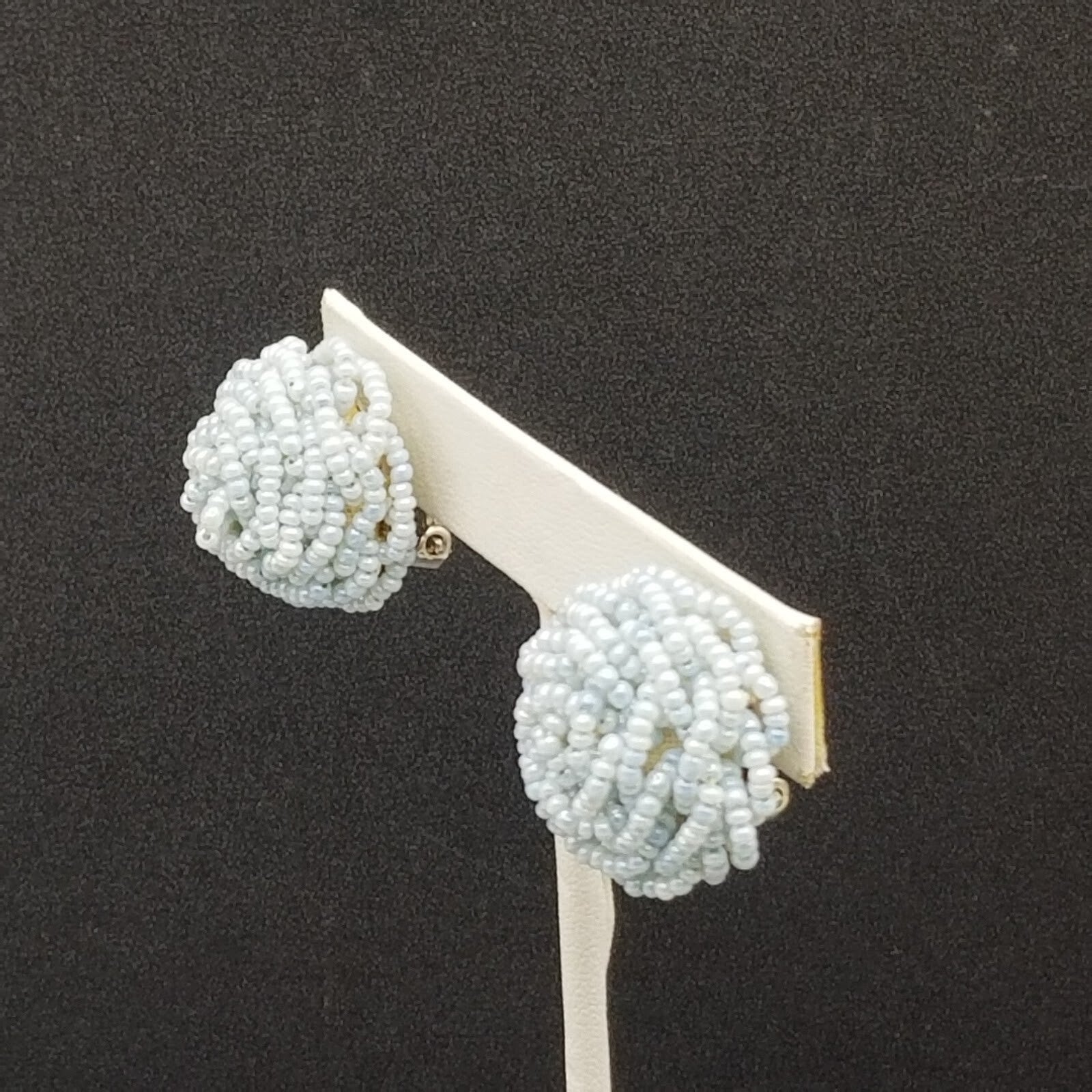 Vintage Clip On Light Blue Seed Bead Knot Button Stud 7/8"