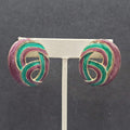 Vintage Pierced Earrings Purple Teal Blue Swirl Enamel Gold tone Drop 1.5"