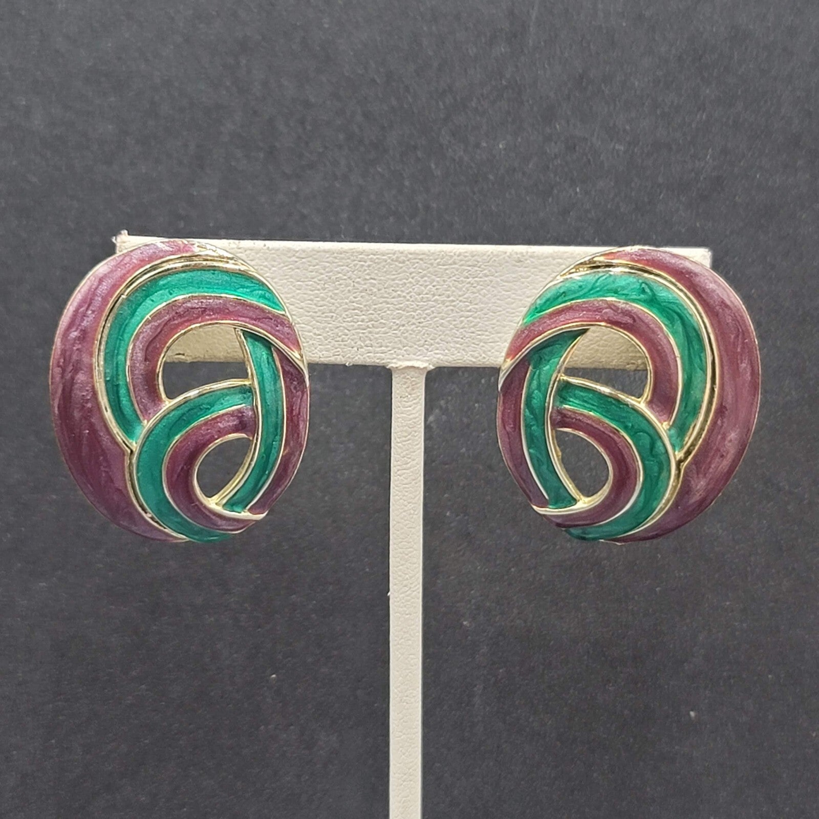 Vintage Pierced Earrings Purple Teal Blue Swirl Enamel Gold tone Drop 1.5"
