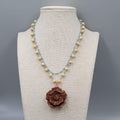 Boho Wood Rose Pendant Necklace Silver tone Double Glass Bead Chains 14"-17"