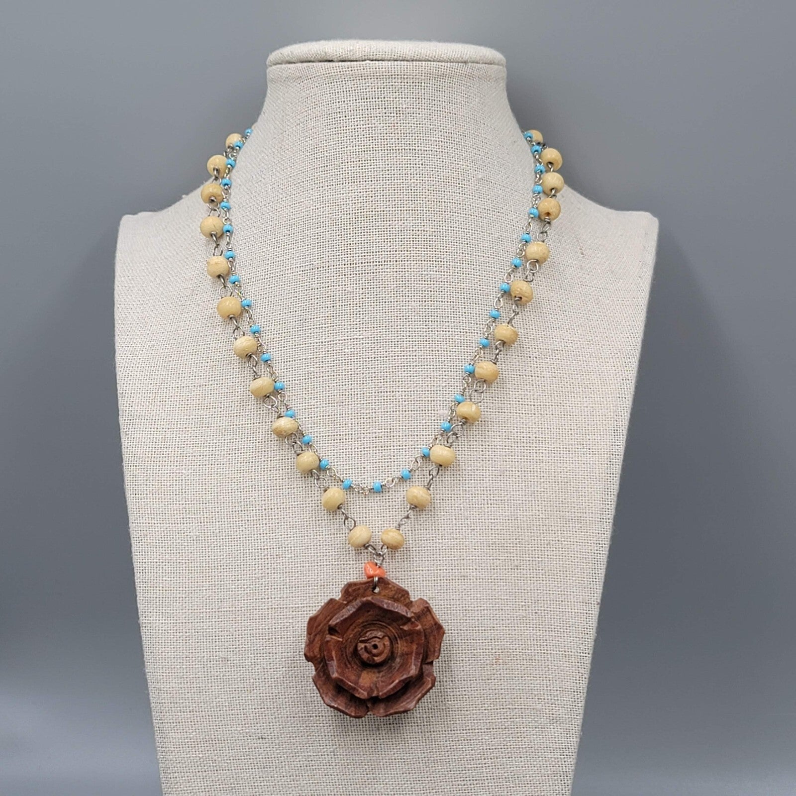 Boho Wood Rose Pendant Necklace Silver tone Double Glass Bead Chains 14"-17"