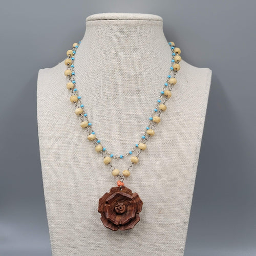 Boho Wood Rose Pendant Necklace Silver tone Double Glass Bead Chains 14"-17"