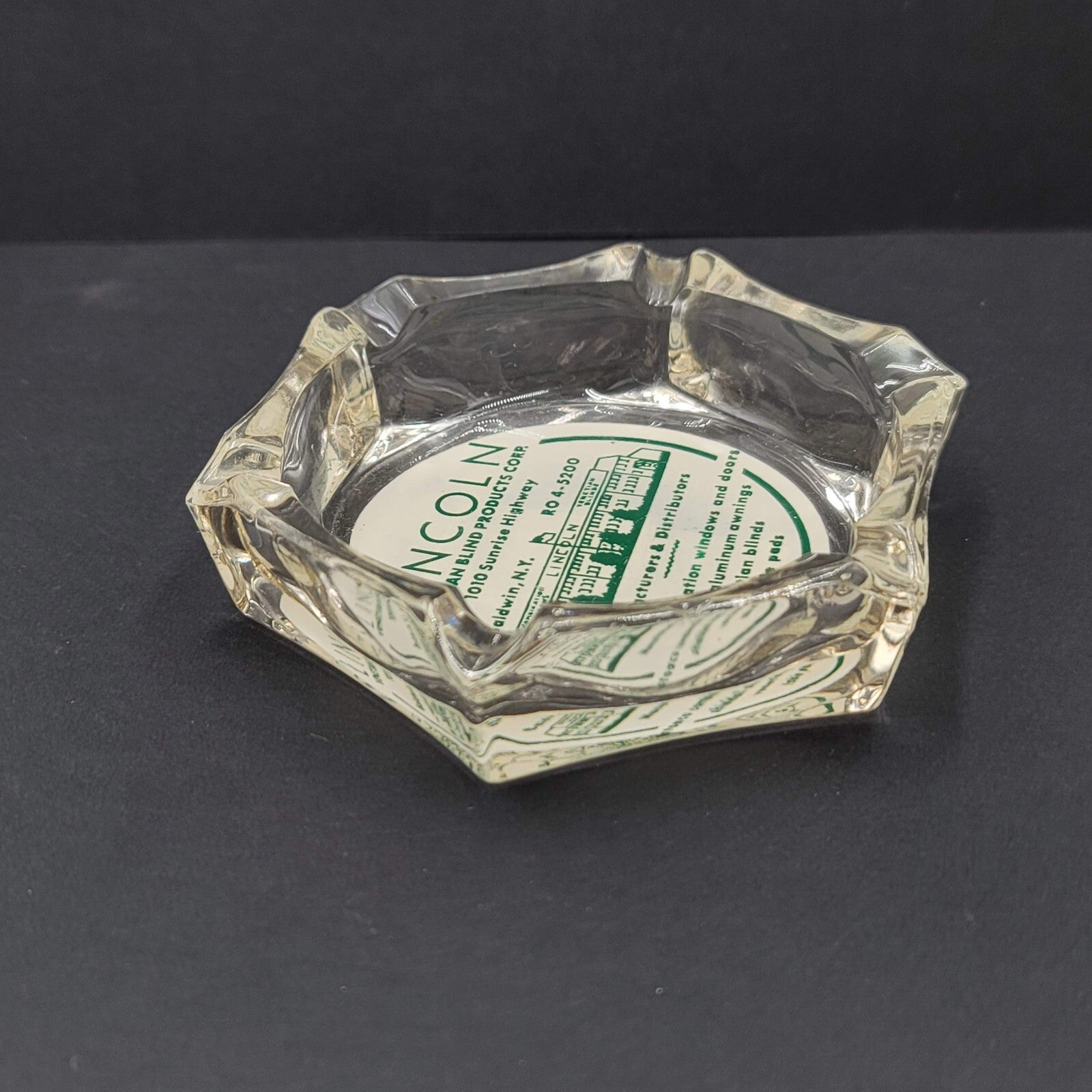 Vintage Advertising Glass Ashtray Lincoln Venetian Blinds Baldwin New York