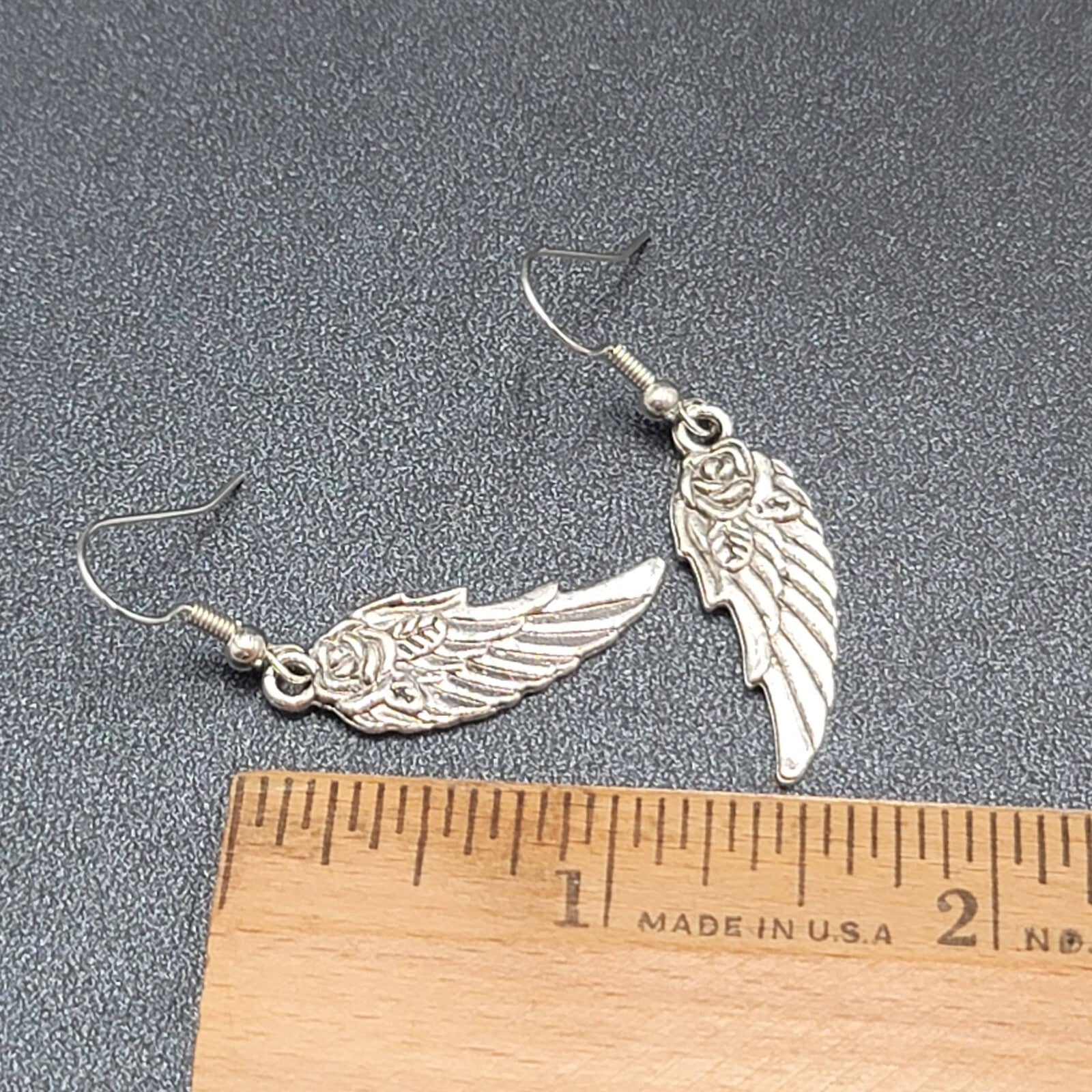Wings Pierced Earrings Silver tone Rose Dangle 1 1/8"