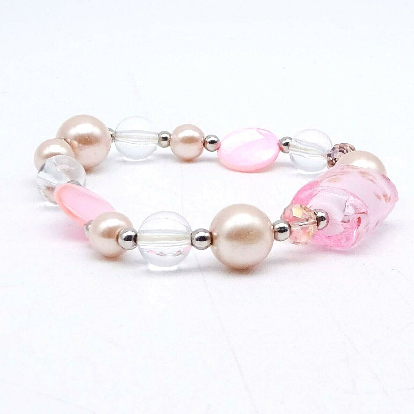 Pink Art Glass Bracelet Shell Faux Pearl Stretch Elastic Silver tone
