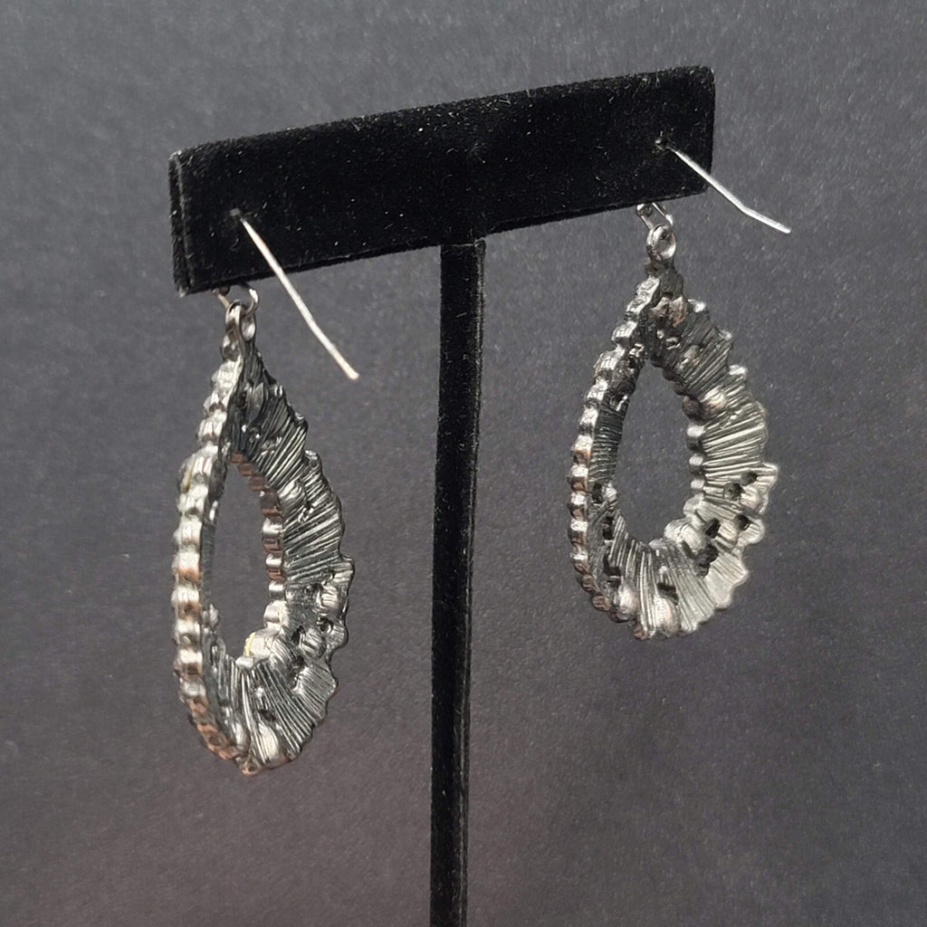 Pierced Earrings Black Metal Rhinestone Open Teardrop 1.75"
