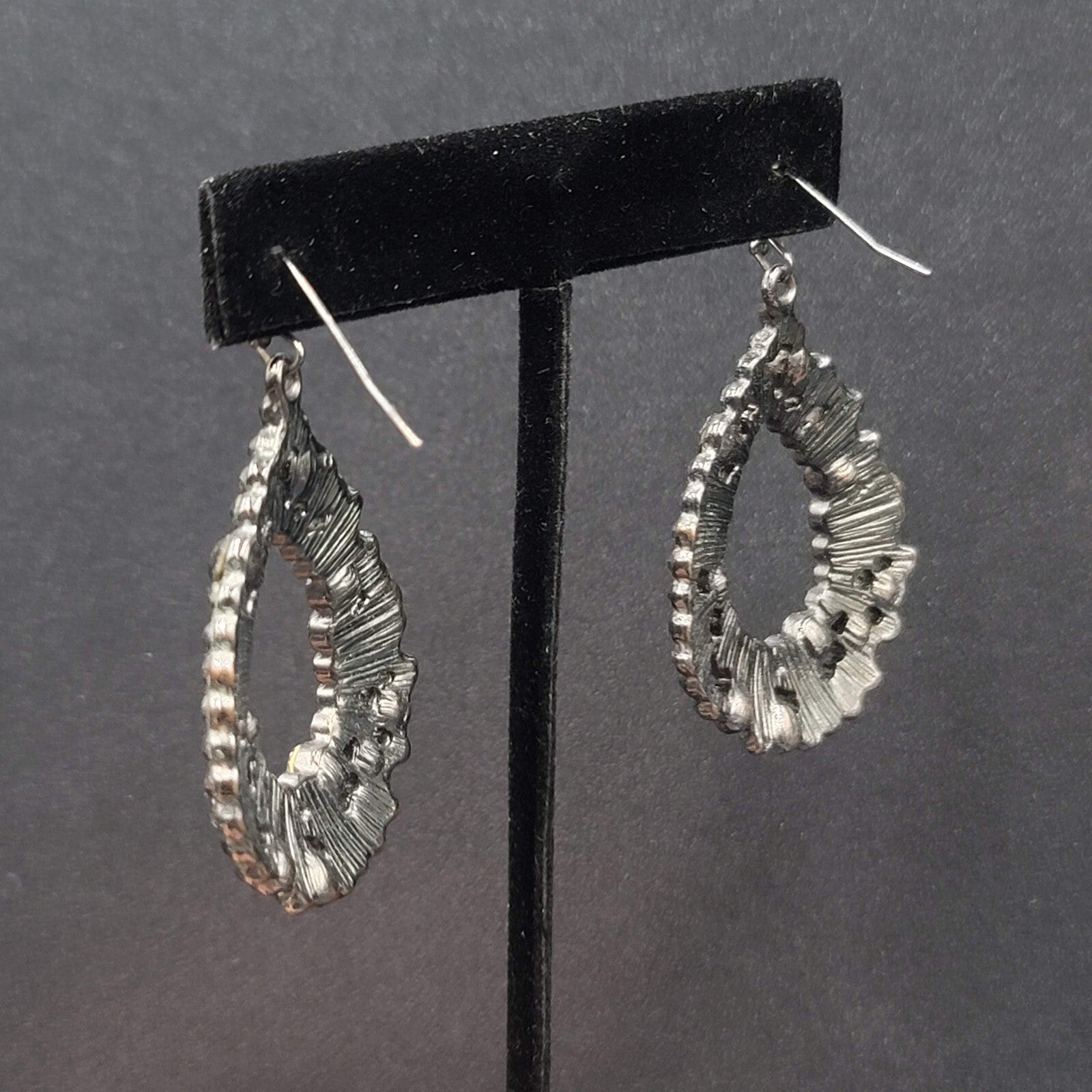 Pierced Earrings Black Metal Rhinestone Open Teardrop 1.75"