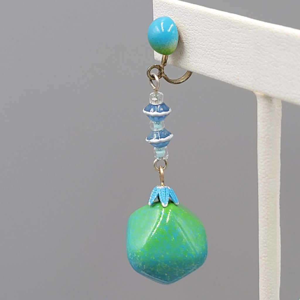 Vintage Green Blue Dangle Bead Clip on Earrings 2.25"