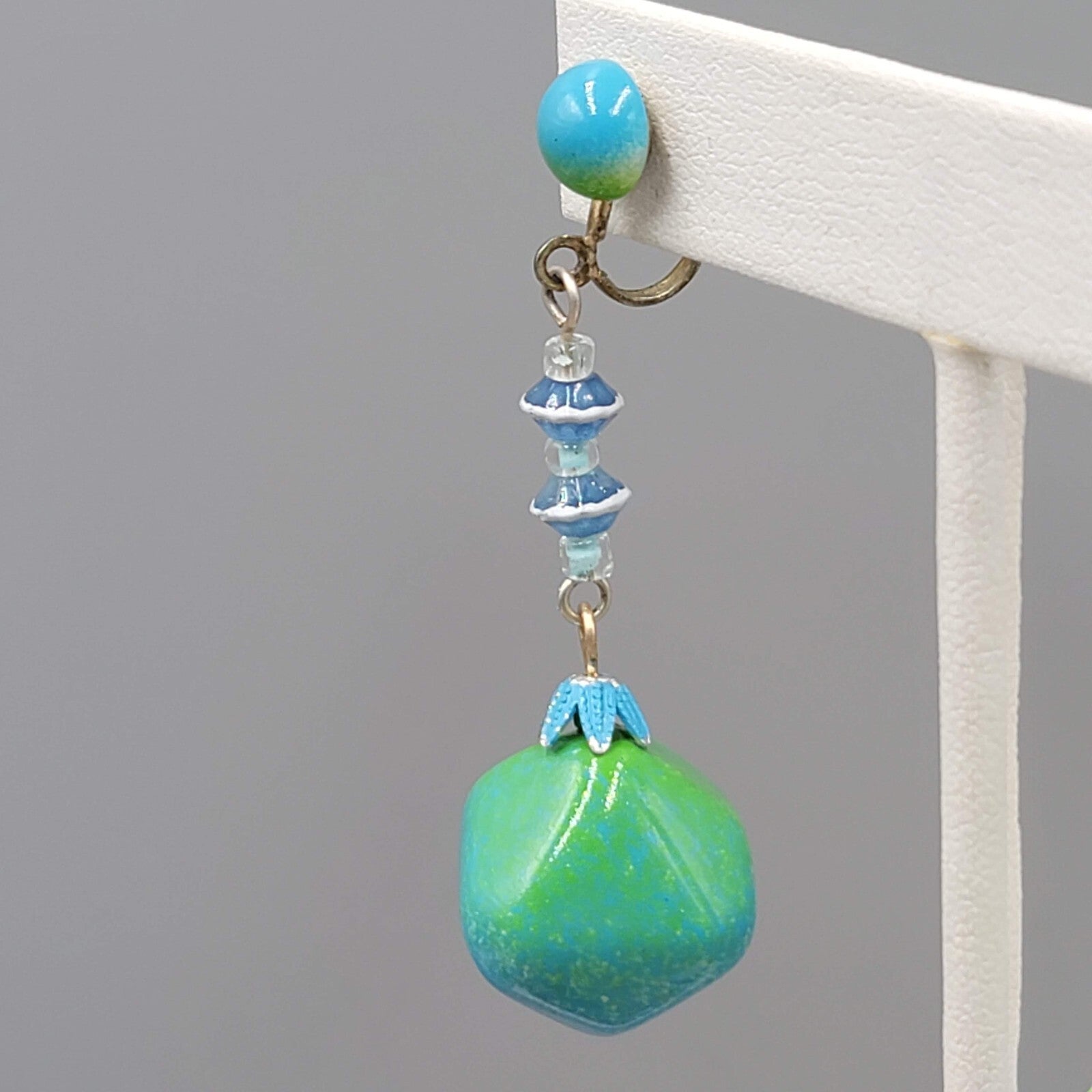 Vintage Green Blue Dangle Bead Clip on Earrings 2.25"