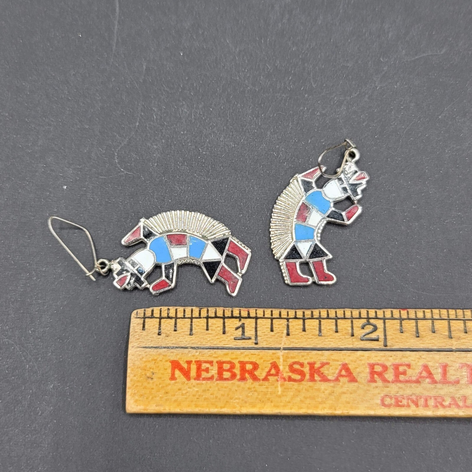 Pierced Earrings  Silver tone Southwestern Dancing Kachina Enamel 1.25"
