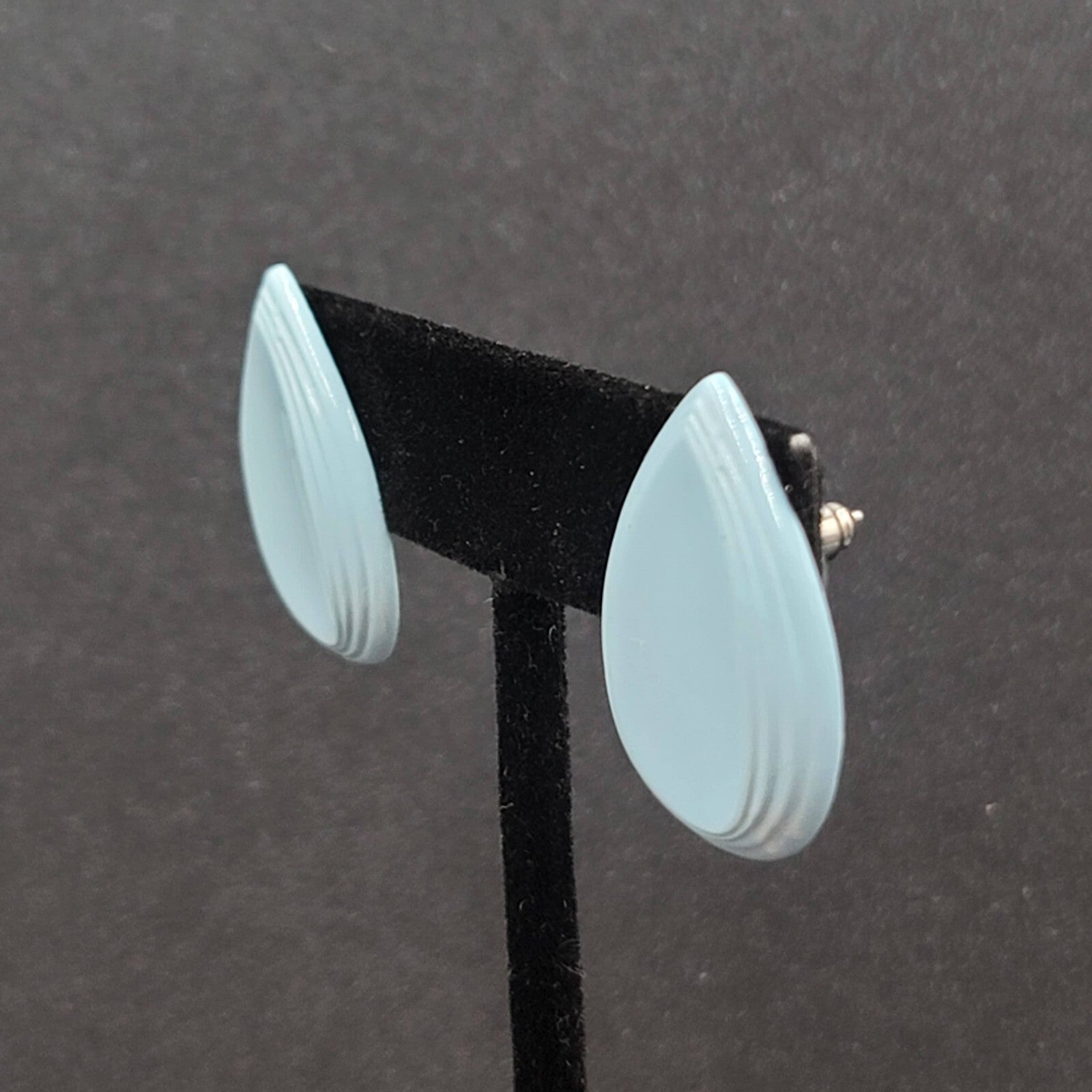 Vintage Pierced Earrings Blue Enamel over Metal Teardrop 1"
