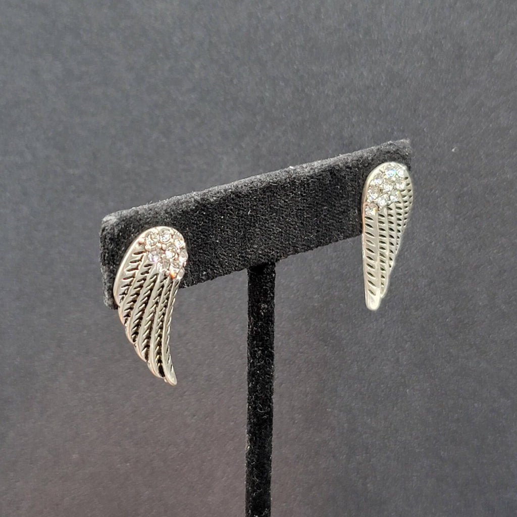 Pierced Earrings Silver tone Wings Crystal Rhinestone Drop 1"