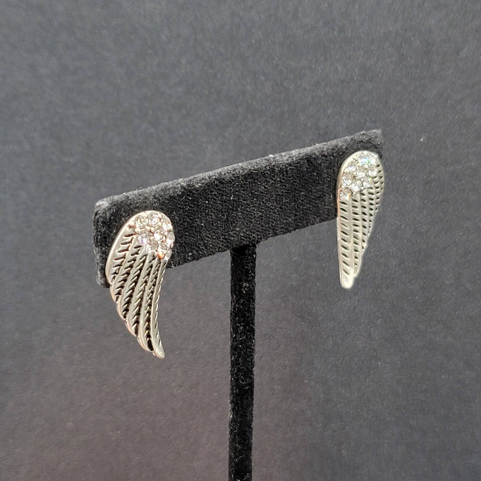 Pierced Earrings Silver tone Wings Crystal Rhinestone Drop 1"
