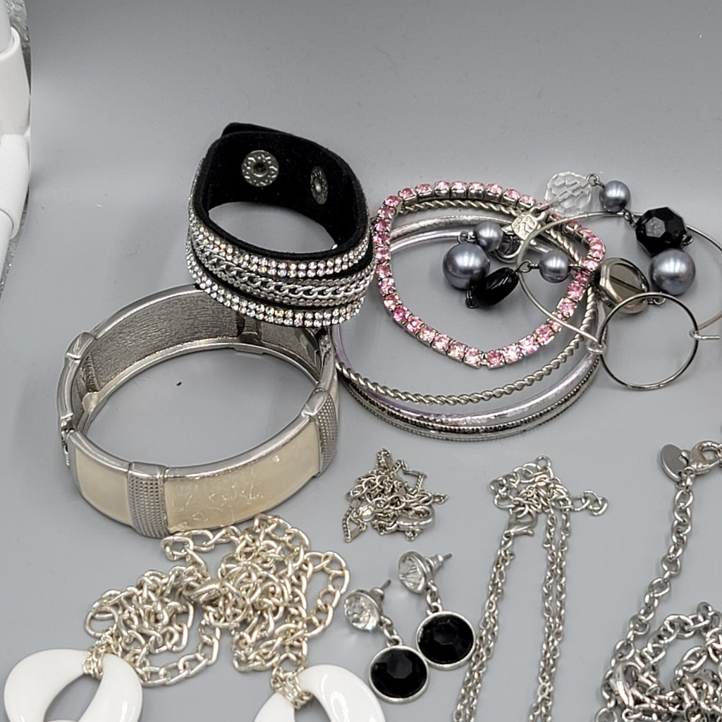 Silver tone Fashion Jewelry Lot of 39 Necklace Bracelets Earrings All Wearable