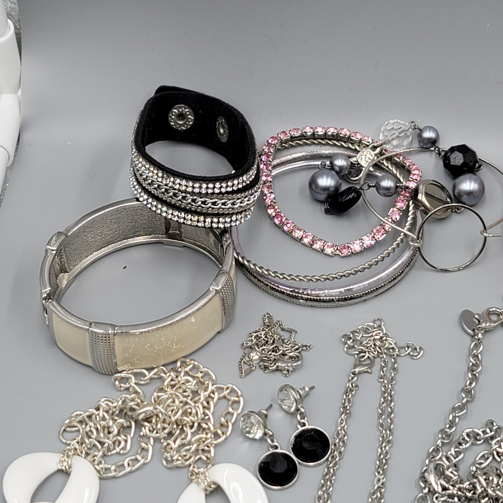 Silver tone Fashion Jewelry Lot of 39 Necklace Bracelets Earrings All Wearable