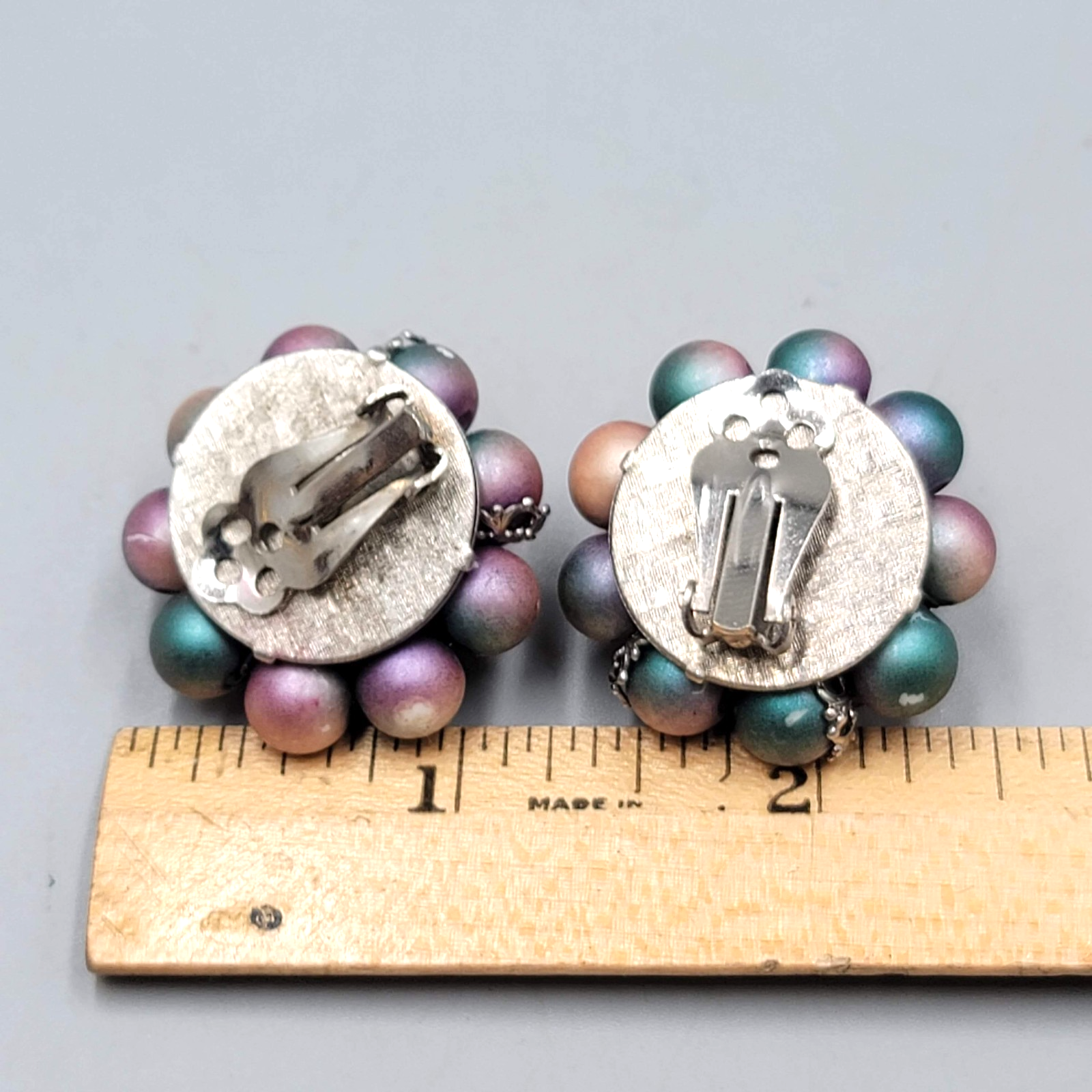 Vintage Blue Tan Cluster Bead Clip on Earrings Silver tone Filigree 1.25 in