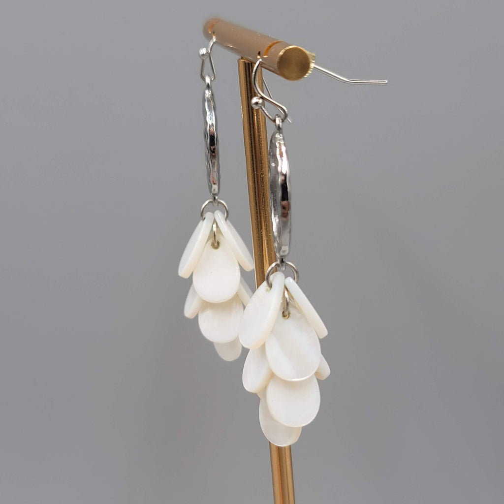 White Shell Pierced Earrings Hammered Silver tone Dangle 2 in