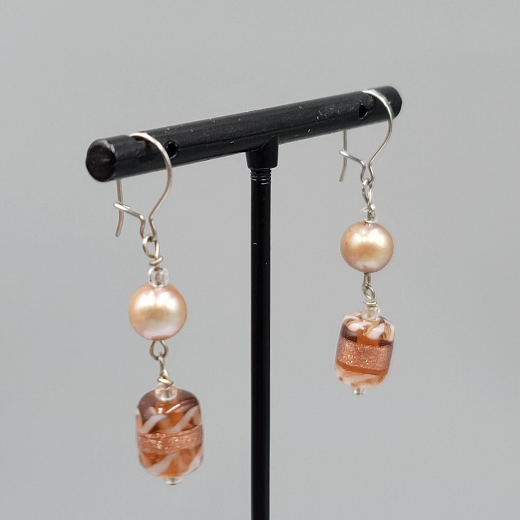 Art Glass Bead Pierced Earrings Silver tone Dangle 1.25"