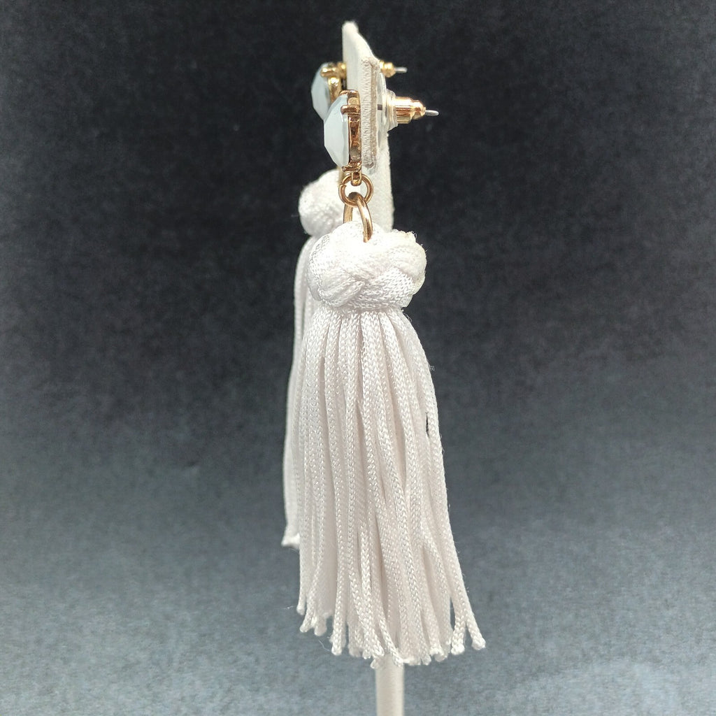 Pierced Earrings white Tassel Gold tone Faceted Glass Statement Dangle 3 1/4"