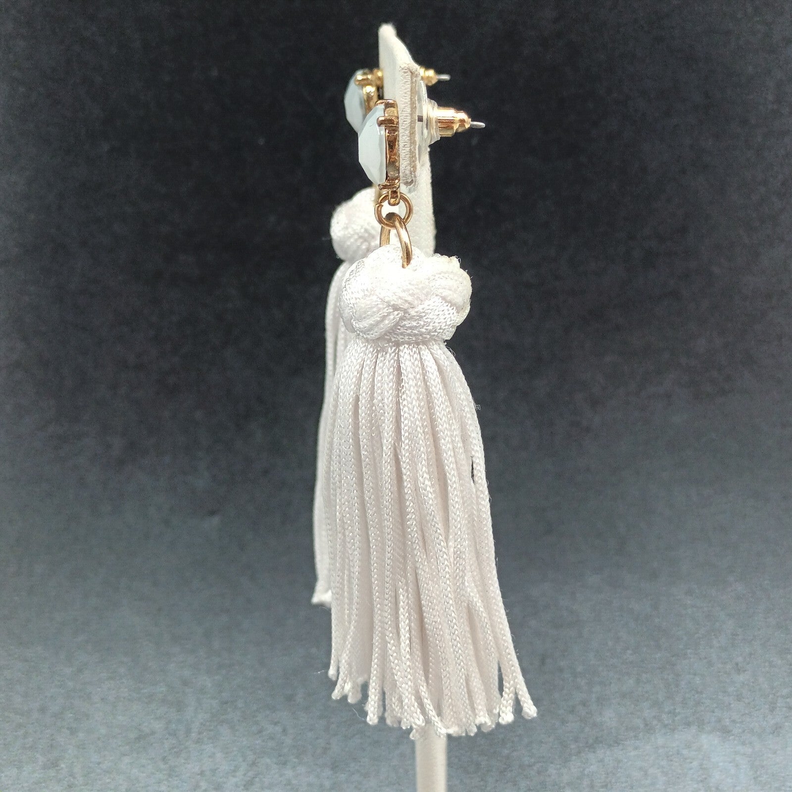 Pierced Earrings white Tassel Gold tone Faceted Glass Statement Dangle 3 1/4"