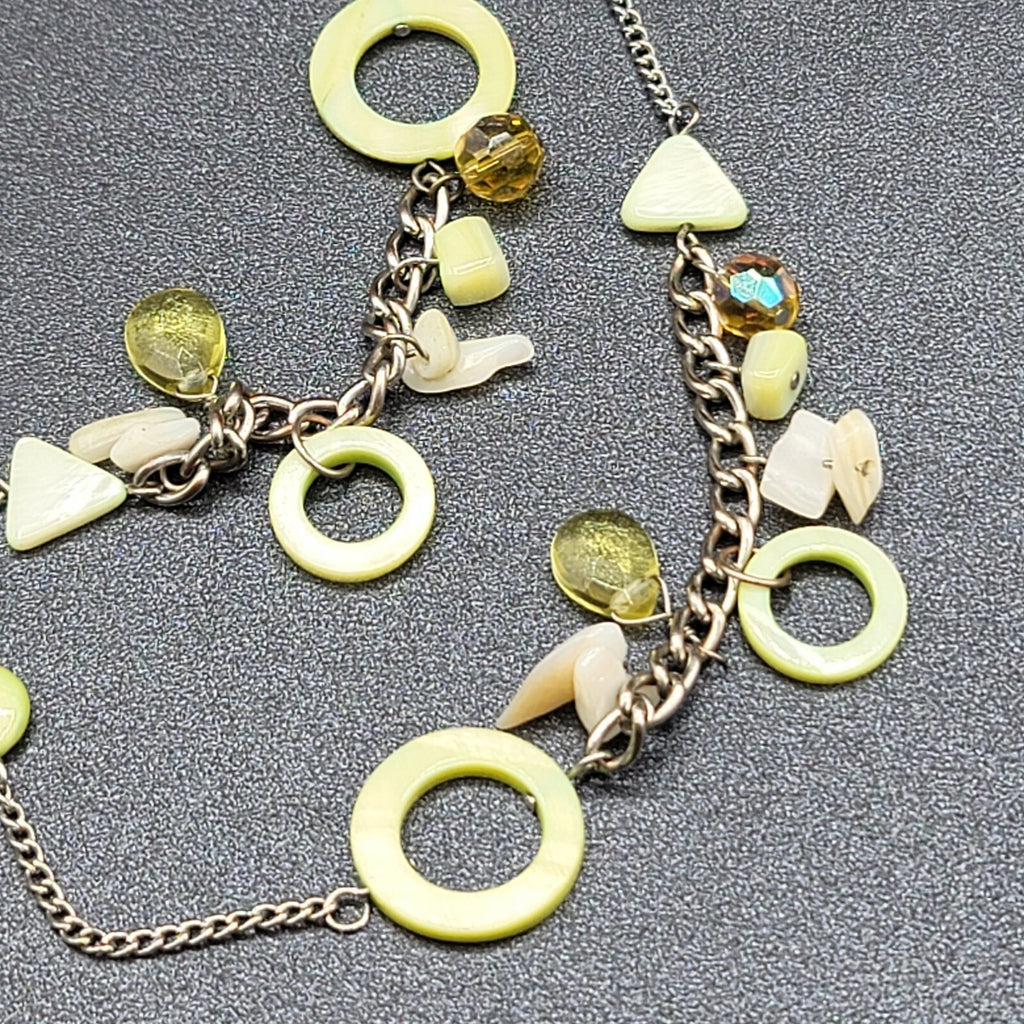 Green Shell Necklace Bohemian Boho Silver tone Crystal Faceted Bead 40"