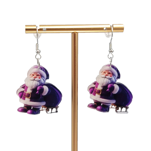 Christmas Santa Purple Bag Pierced Earrings Silver tone Dangle 1.25 in