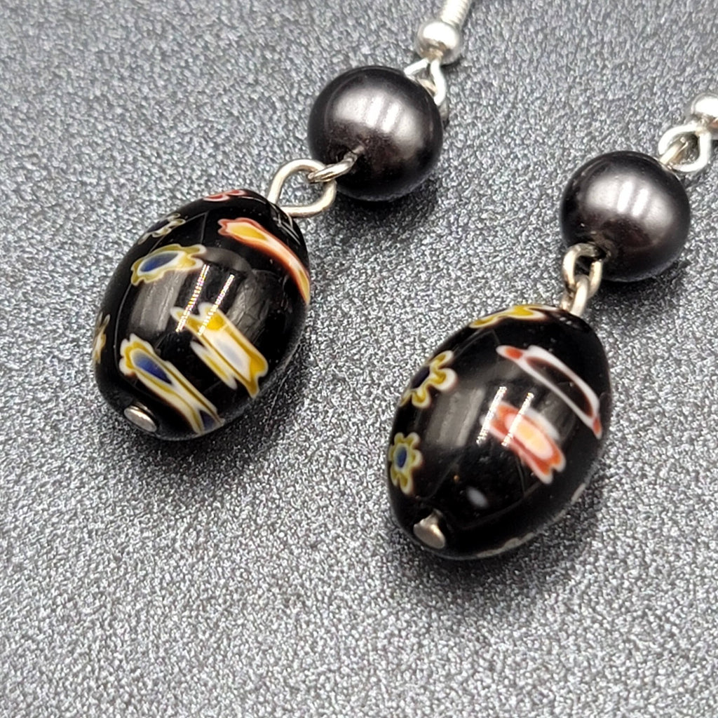 Pierced Earrings Sterling Silver Hooks Black Flower Art Glass Beads 1.25"