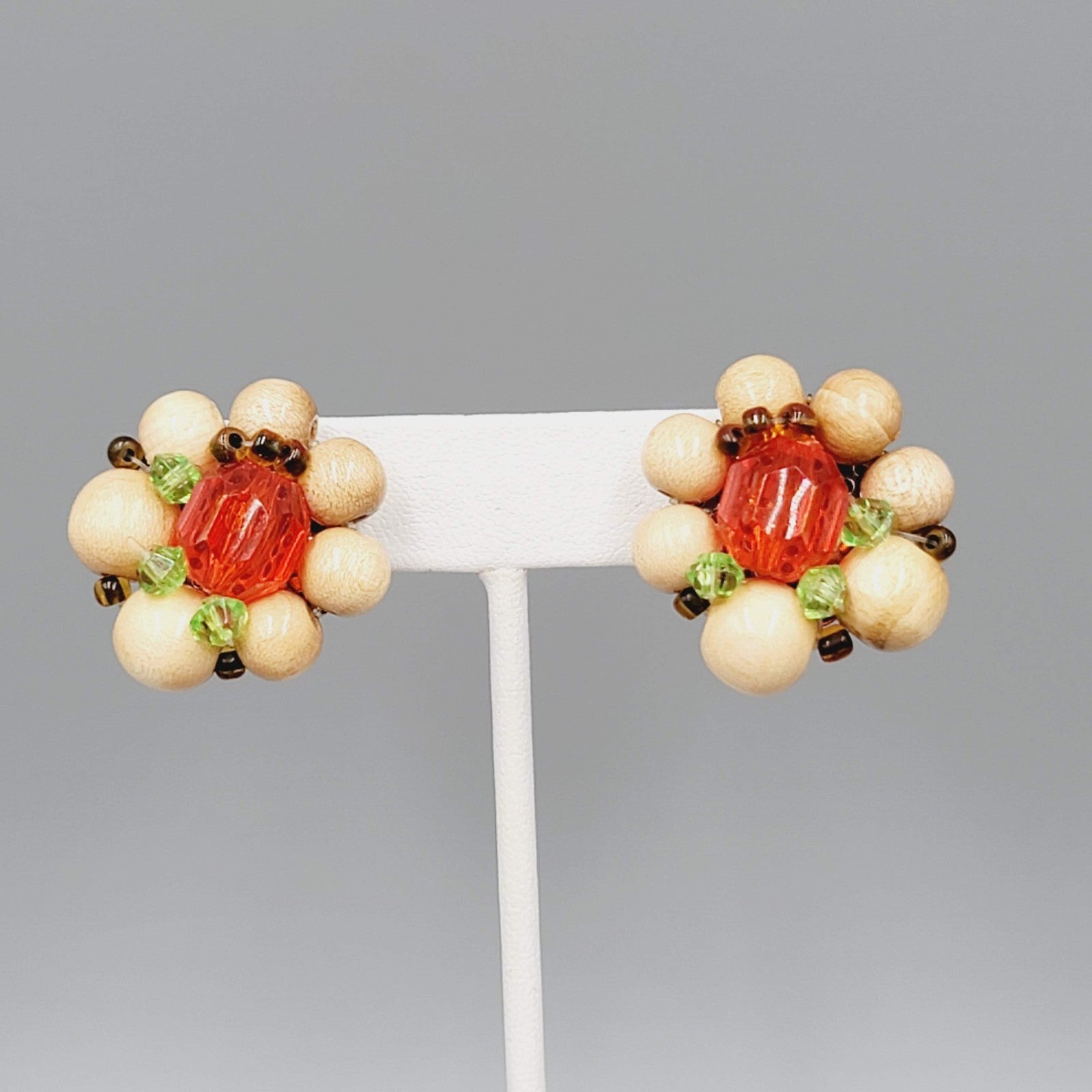 Vintage Flower Wood Cluster Bead Clip on Earrings Orange Green 1 1/8 in
