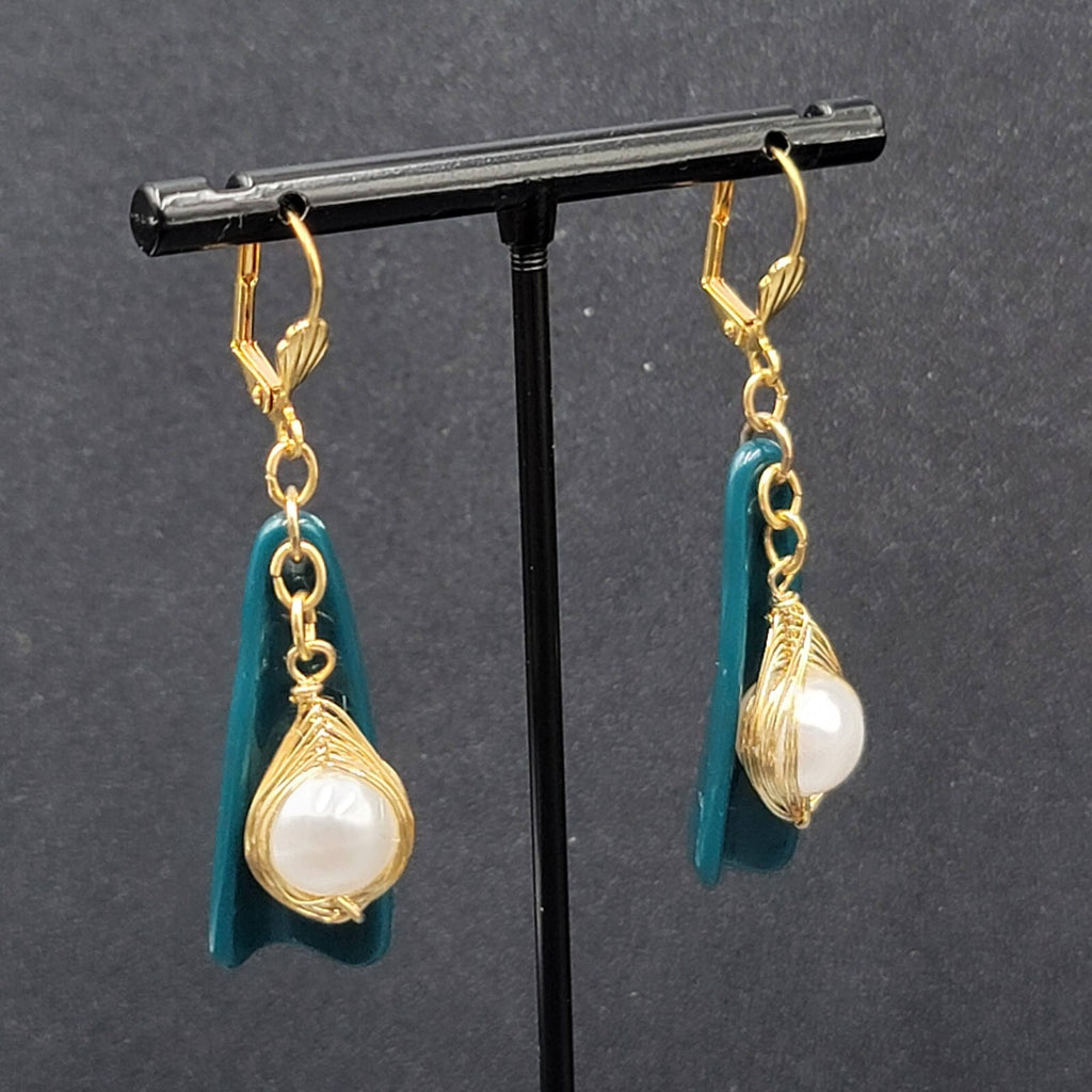 Pierced Earrings Gold Wire Faux Pearl Bead Teal Blue Dangle 1.75"